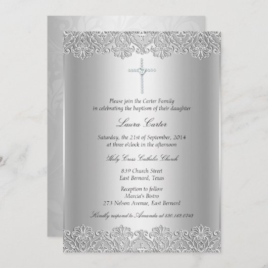 Lace & Cross Baptism/Christening Uitnodiging (Voorkant / Achterkant)