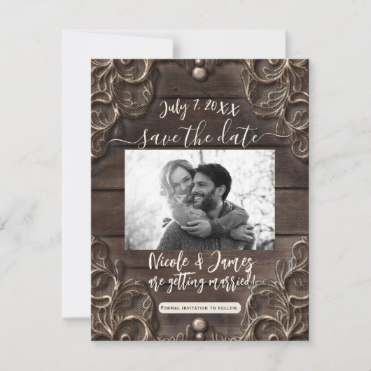 Lace & Dark Wood Rustic Opslaan datum Kaart (Voorkant)