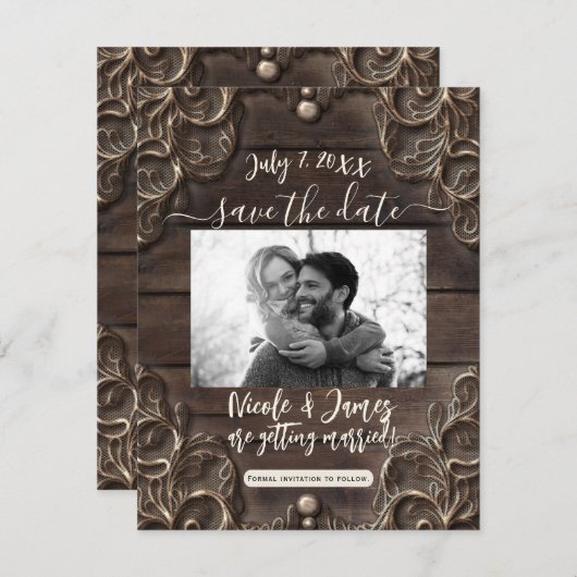 Lace & Dark Wood Rustic Opslaan datum Kaart (Voorkant / Achterkant)