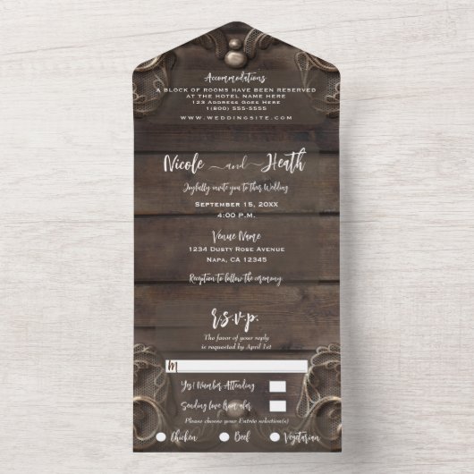 Lace & Dark Wood Rustic  Weddenschap All In One Uitnodiging (Binnen)