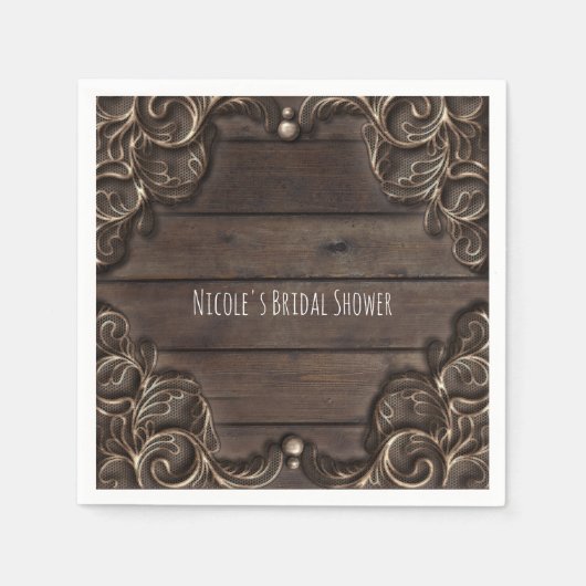 Lace & Dark Wood Rustic  Weddenschap Servetten (Voorkant)