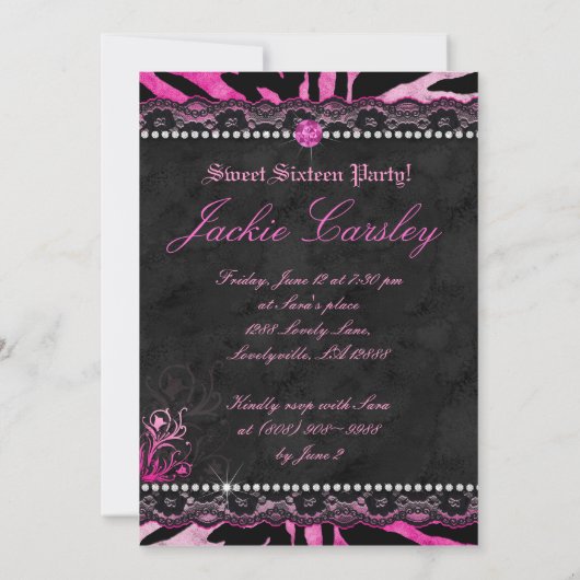 Lace Diamonds Sweet 16 Birthday Afstudeerder Zebra Kaart (Achterkant)