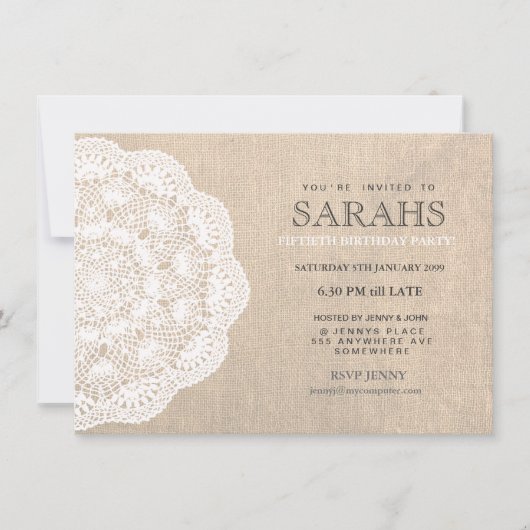 Lace Doily & Burlap 50th Birthday Party Invite Kaart (Voorkant)