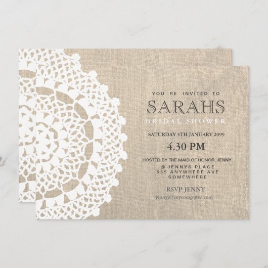 Lace Doily & Burlap Fête des mariées Invitation (Devant / Derrière)