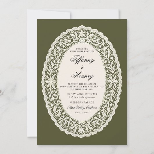Lace Doily Olive Green Wedding Invitation (Devant)