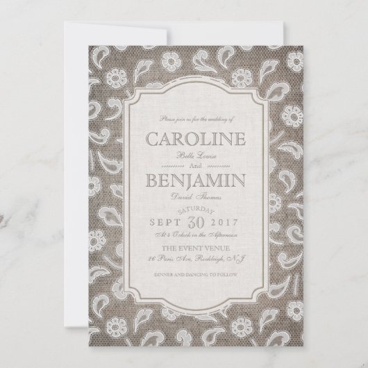 Lace en burlap elegant landbruiloft kaart (Voorkant)