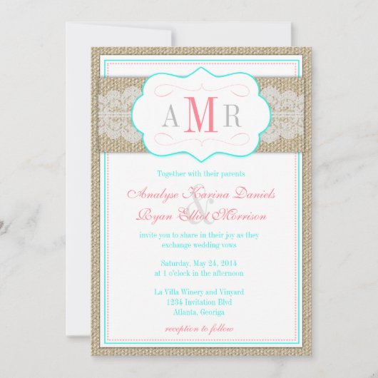 Lace en Burlap Monogram Rustic Wedding Kaart (Voorkant)