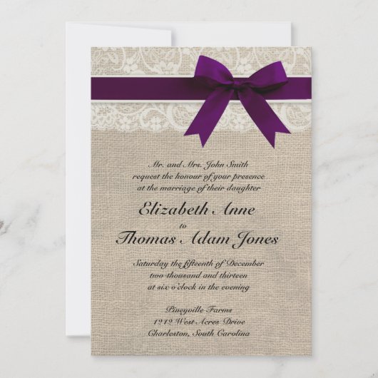 Lace en Burlap Rustic Wedding Invitation - Plum Kaart (Voorkant)