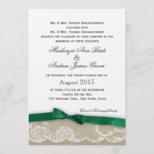 Lace en Emerald Green Bow Wedding Kaart