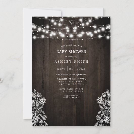 Lace en Hood String Lights Rustisch Baby shower Kaart (Voorkant)