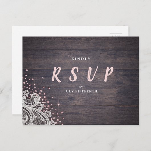 Lace en hout blush glitter rustige bruiloft RSVP Uitnodiging Briefkaart (Voorkant / Achterkant)