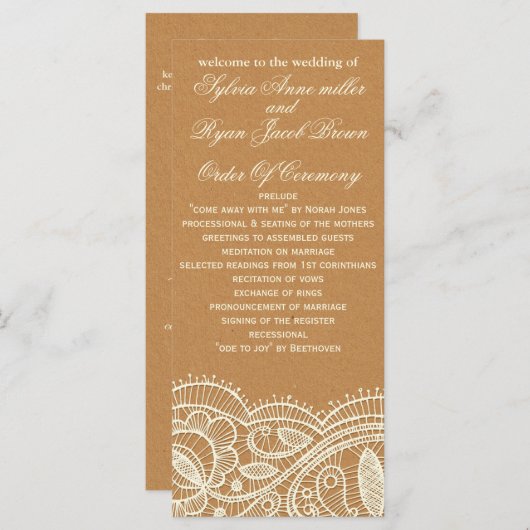 Lace en Kraft Paper Wedding Programma (Voorkant / Achterkant)