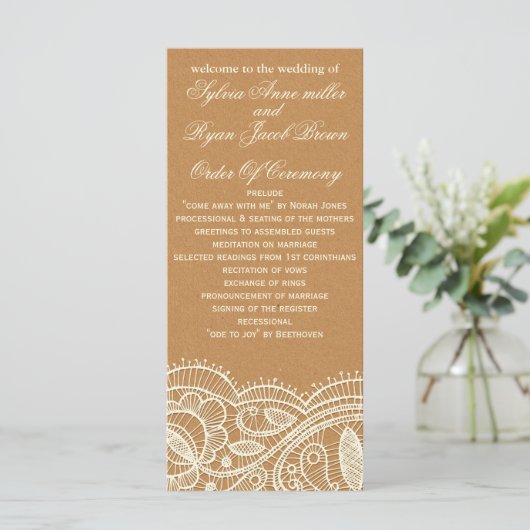 Lace en Kraft Paper Wedding Programma (Staand voorkant)