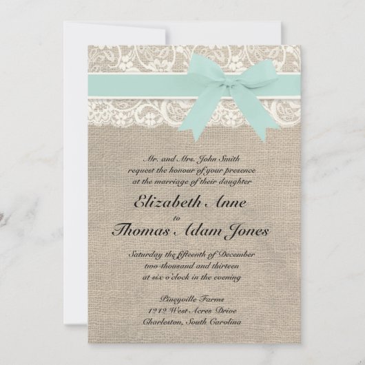 Lace en Rustic Burlap Wedding Invitation Seafoam Kaart (Voorkant)