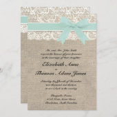 Lace en Rustic Burlap Wedding Invitation Seafoam Kaart (Voorkant / Achterkant)