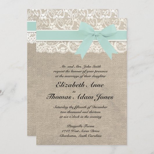 Lace en Rustic Burlap Wedding Invitation Seafoam Kaart (Voorkant / Achterkant)