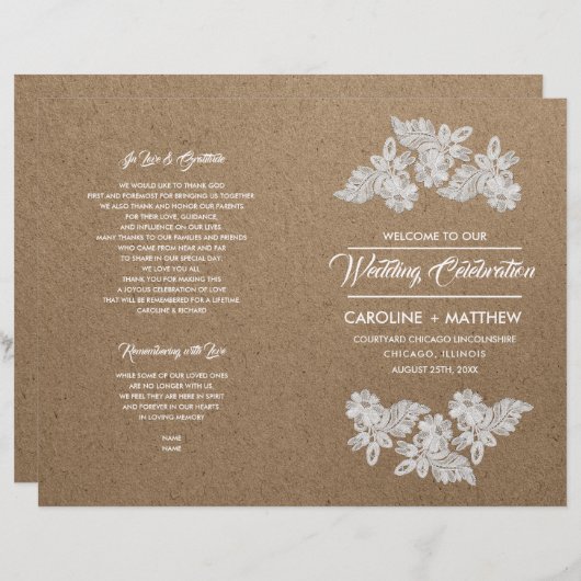 Lace Flowers | Kraft Paper Folded Wedding Programs (Voorkant / Achterkant)