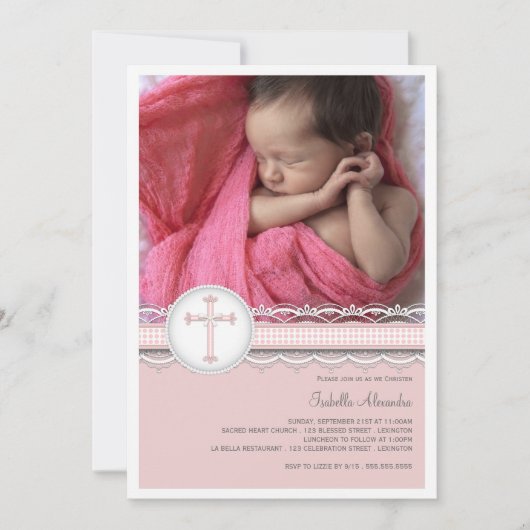  Lace Foto Christening Uitnodiging (Voorkant)