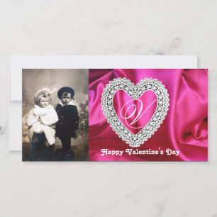LACE HEART MONOGRAM SILK FUCHSIA CLOTH, Pink White Feestdagenkaart