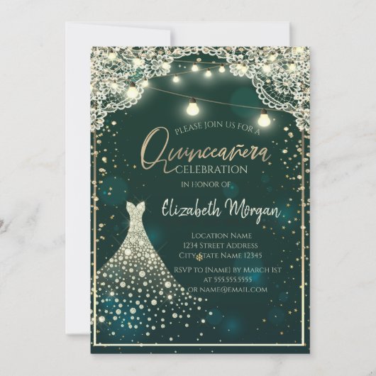 Lace, Lights, Wood Diamonds Dress Green Quinceañer Kaart (Voorkant)