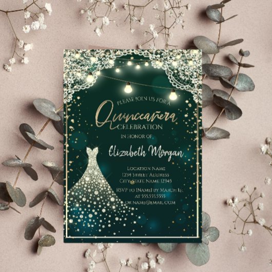 Lace, Lights, Wood Diamonds Dress Green Quinceañer Kaart