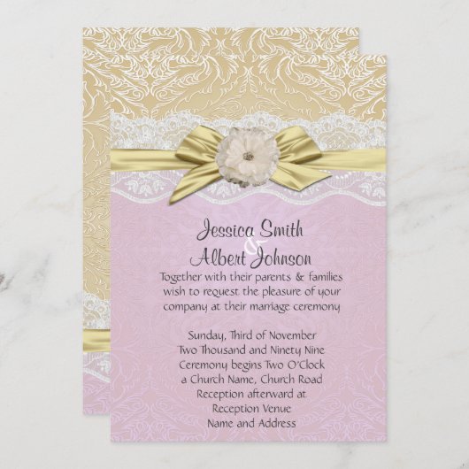 Lace lint goud/lavendel damast bruiloft uitnodigen kaart (Voorkant / Achterkant)