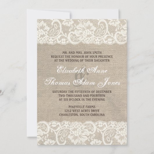 Lace look Rustic Burlap Wedding Invitation Kaart (Voorkant)