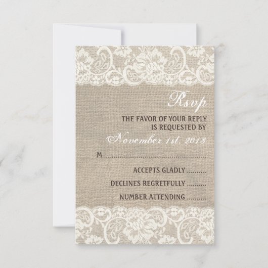 Lace look Rustic Burlap Wedding RSVP-kaart RSVP Kaartje (Voorkant)
