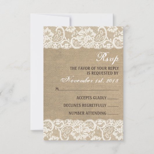 Lace Look Rustique CHAUD Burlap Wedding Carte RSVP (Devant)
