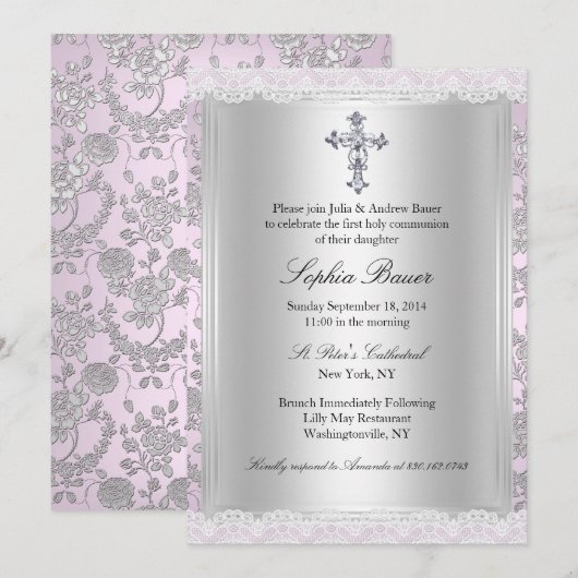  Lace Pink Eerste Heilige Communie Kaart (Voorkant / Achterkant)