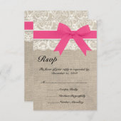 Lace & Pink Ribbon en Burlap Wedding RSVP Kaart (Voorkant / Achterkant)