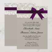 Lace Ribbon Gray and Plum Wedding Invitation Kaart (Voorkant / Achterkant)