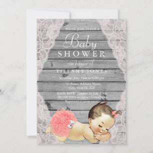 Lace Rustic Wood Girl Baby shower Invite Kaart