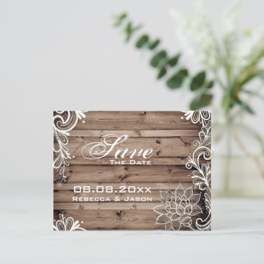 Lace Schuur Hout Land Bruiloft Save De Datum Aankondigingskaart (Staand voorkant)