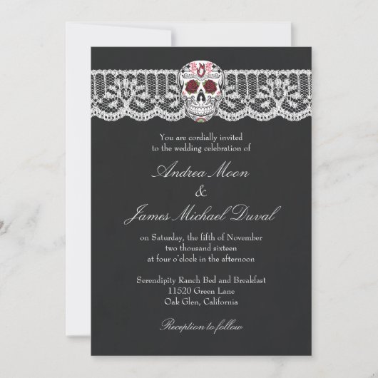 Lace Sugar Skull Chalkboard Mariage Invitations (Devant)