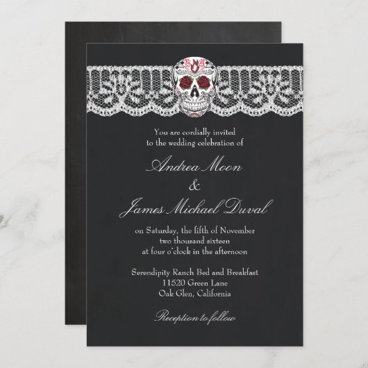 Lace Sugar Skull Chalkboard Mariage Invitations (Devant / Derrière)