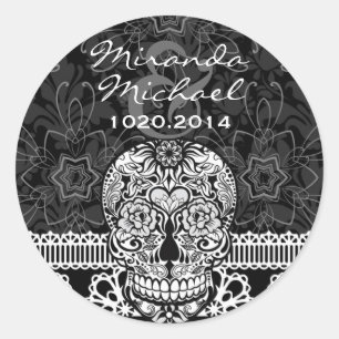 Lace Sugar Skull Day of the Dead Save the Date Ronde Sticker