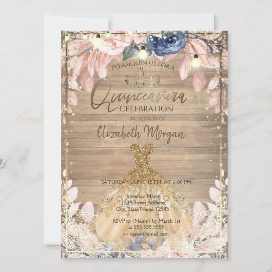 Lace, Tiara, Lights, Dress Wood Flowers Quinceañer Kaart (Voorkant)