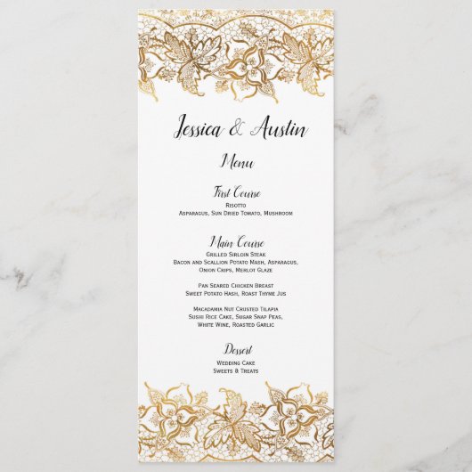 Lace Wedding Menu Kaart in Gold Folie  Boho (Voorkant)