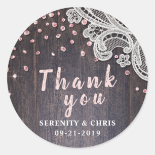 Lace wood blush glitter rustige bruiloft bedankt ronde sticker