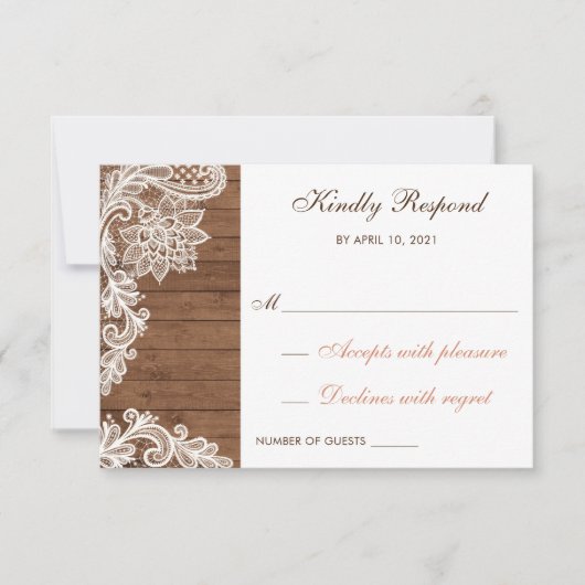 Lace Wood Rustic Répondre Mariage de carte RSVP (Devant)
