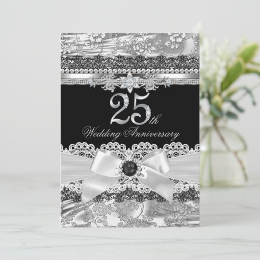 Lace & Zilveren Parel Boog 25e Verjaardagsuitnodig Kaart (Staand voorkant)