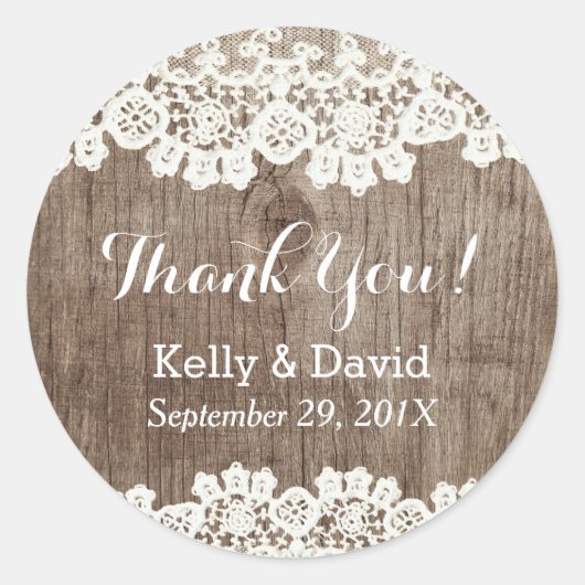 Laced Barn Wood Rustieke bruiloft Dank u Ronde Sticker (Voorkant)