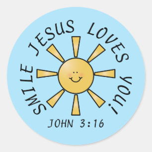 Lach Jezus Houdt Van Jou Gele Blauwe Sticker