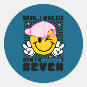 Lachend gezicht 7e verjaardag was 6 7 geruit bruh ronde sticker