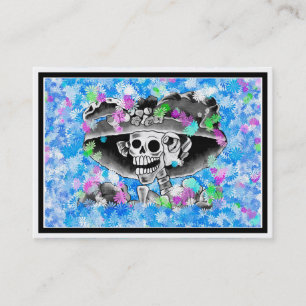 Lachend Skelet Vrouw in Bonnet op Blauw Visitekaartje