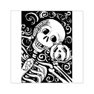 LACHEND SKELET & ZIJN JACK O LANTERN, HALLOWEEN 	RUBBERSTEMPEL