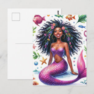 Lachende donkere zeemeermin met roze staart briefkaart