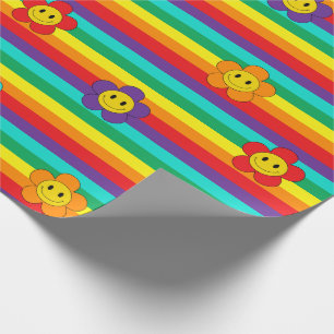 Lachende Emoji Madeliefjes op Regenboog Strepen Cadeaupapier