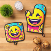 Lachende Emoji Splash Party Ovenwant & Pannenlap Set (Top down)